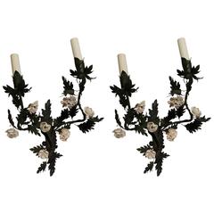 Pair of Wall Lamps, Flowers in Porcelain