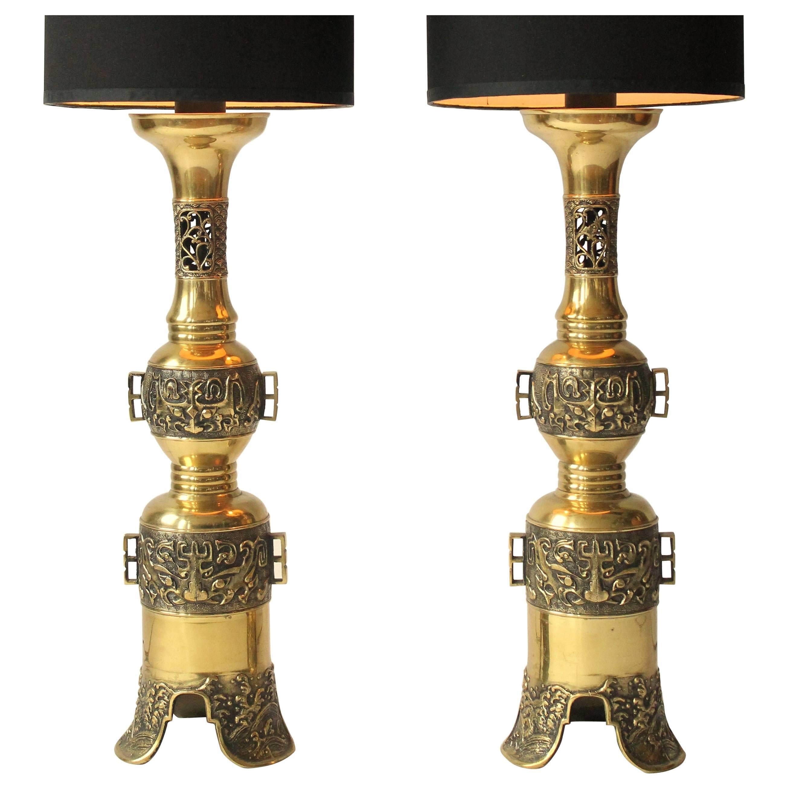 2 Massive Finely Casted James Mont  Brass Table Lamps, 1960s , USA