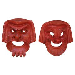 Two Cast Iron Greek Tragedy Masks