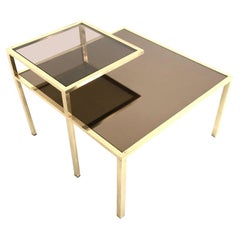 Square Brass Coffee Table with a Glass Shelf and a Mirrored Top, Italy 1980s