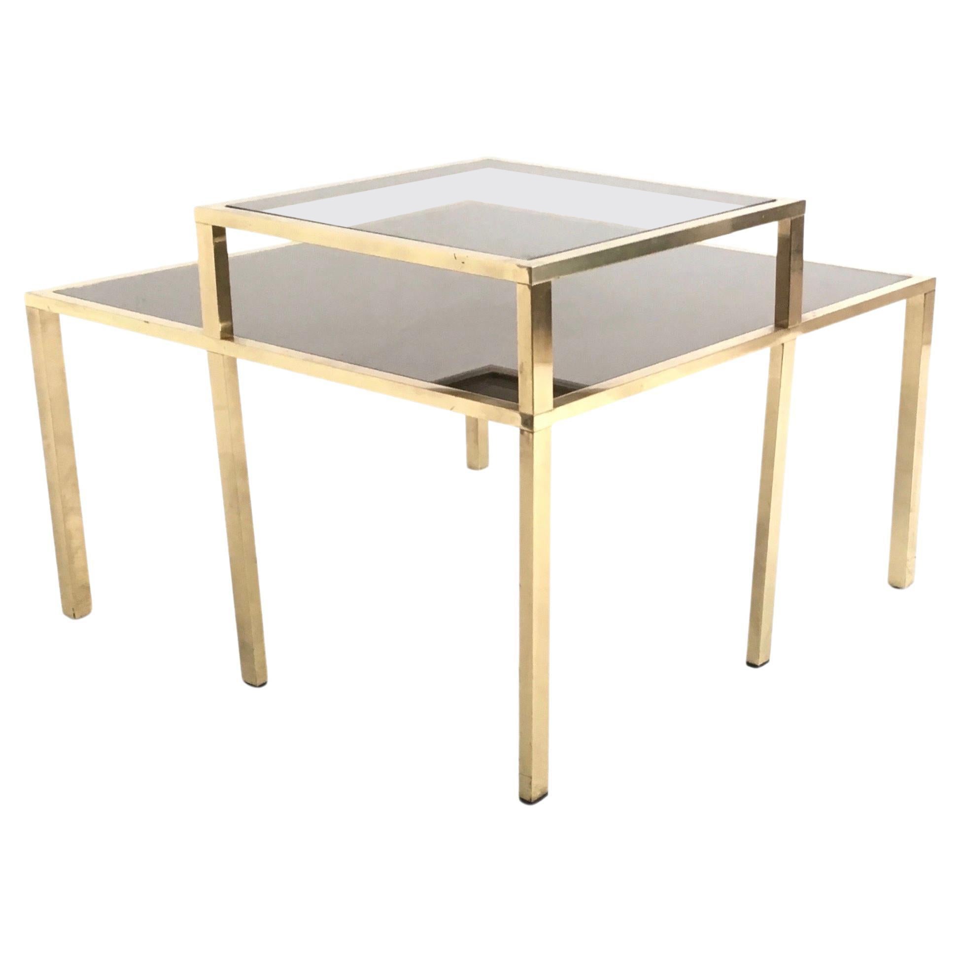 Postmodern Square Brass Coffee Table with Glass Shelf and Mirrored Top, Italy