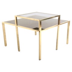Postmodern Square Brass Coffee Table with Glass Shelf and Mirrored Top, Italy