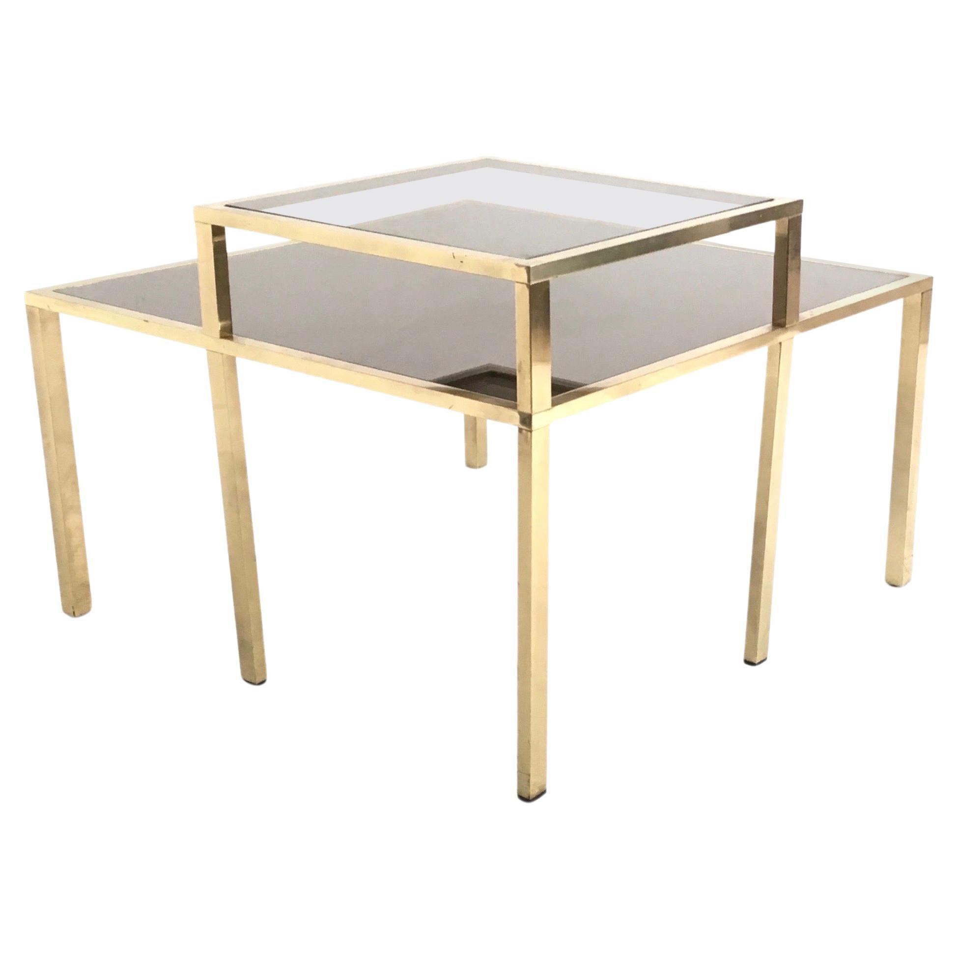 Postmodern Square Brass Coffee Table with Glass Shelf and Mirrored Top, Italy For Sale