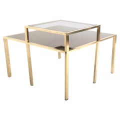 Retro Postmodern Square Brass Coffee Table with Glass Shelf and Mirrored Top, Italy