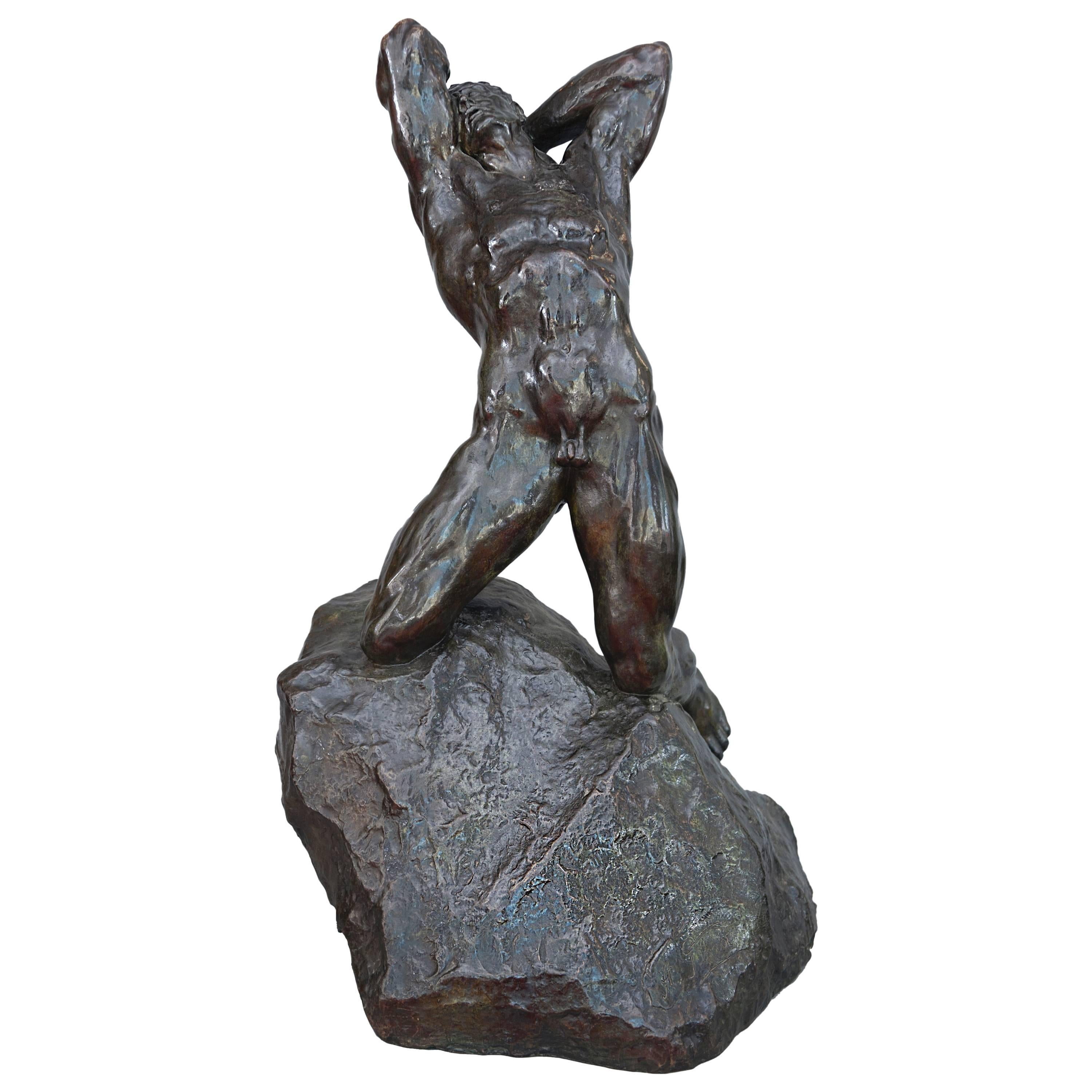 Imposing Sculpture of a Naked Muscly Man Made by Alfredo Pina, circa 1930 For Sale