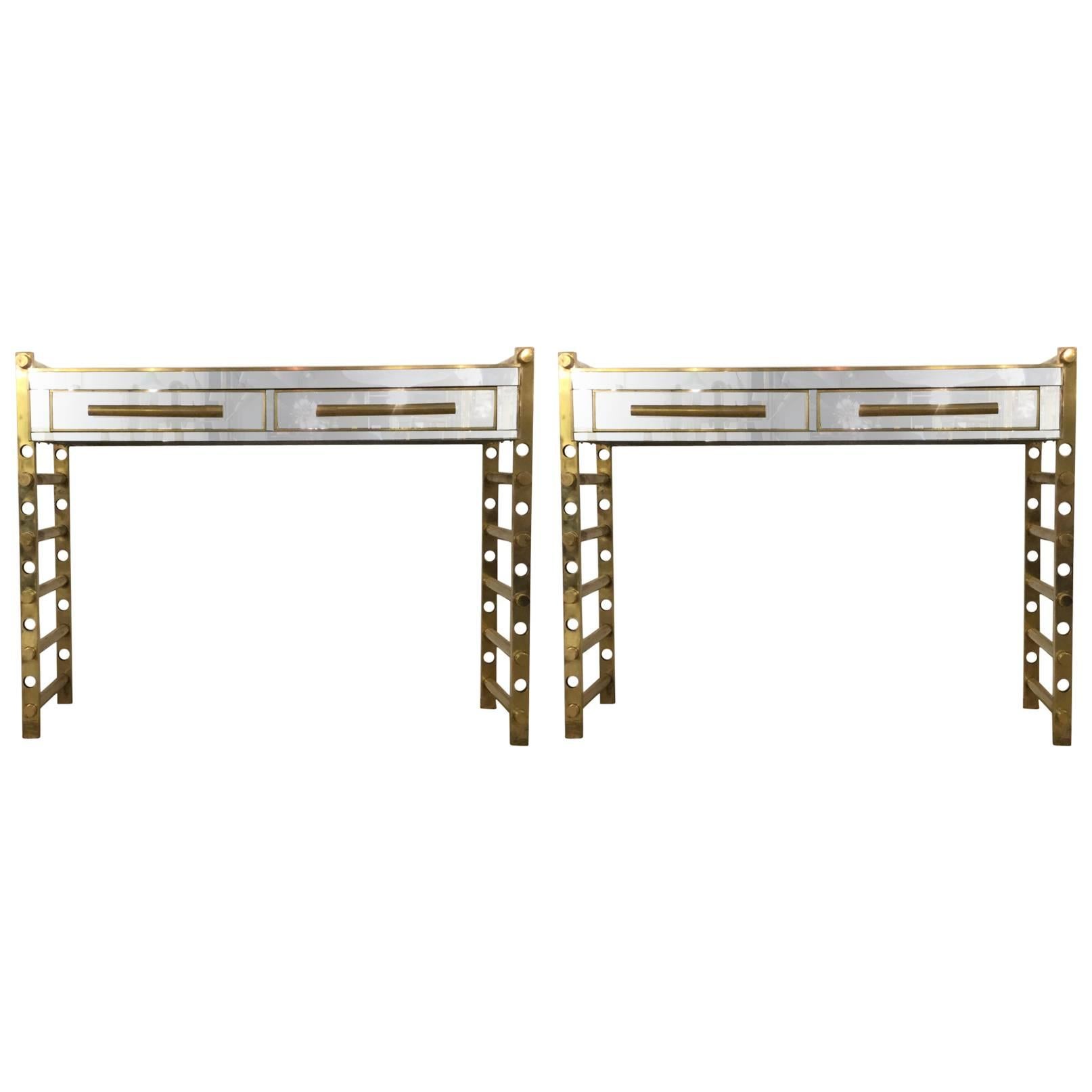 Pair of Italian Console Tables Brass and Mirror Style of Roberto Rida