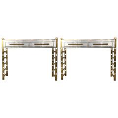 Pair of Italian Console Tables Brass and Mirror Style of Roberto Rida