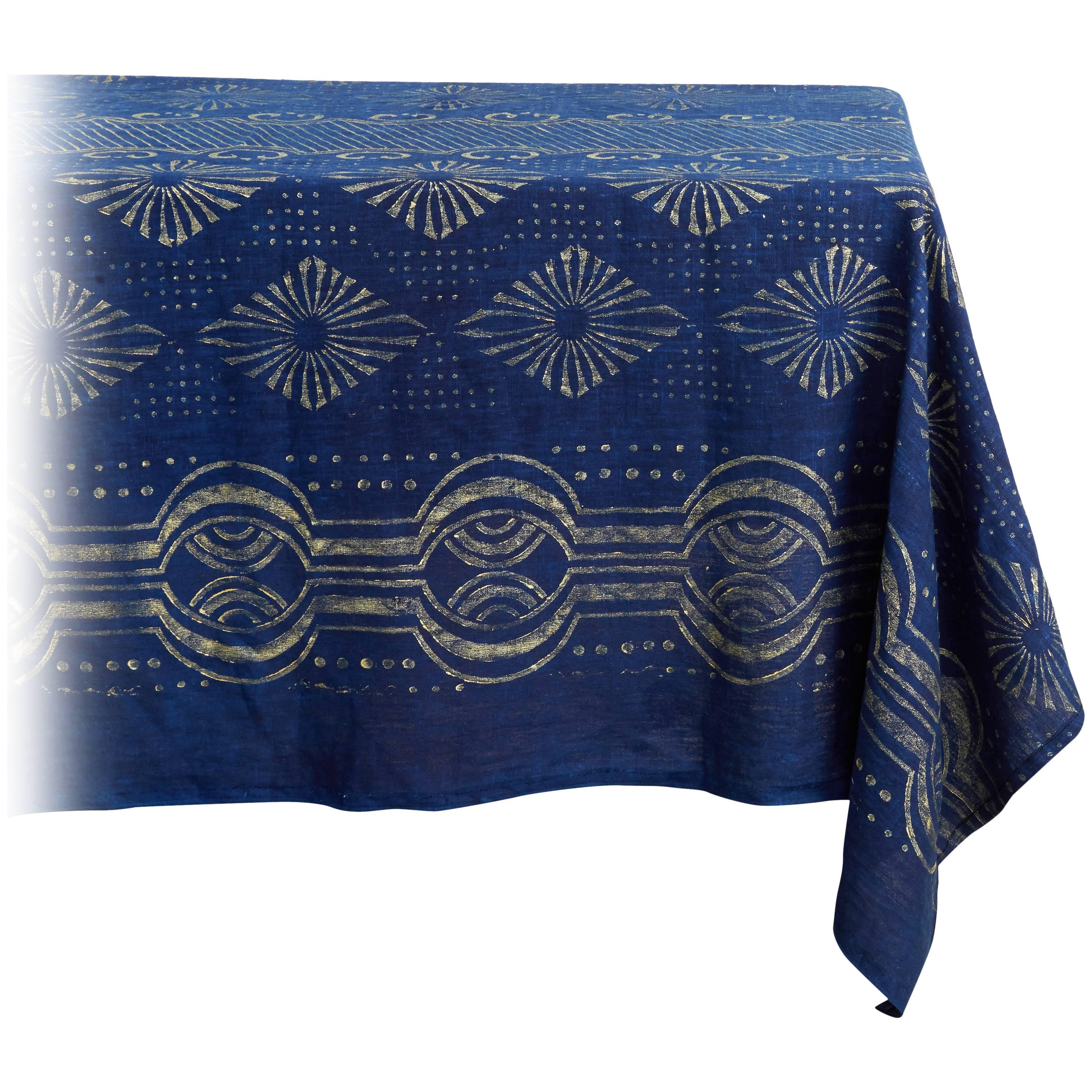 Indigo and Gold Rectangular Tablecloth For Sale