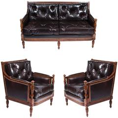 Classic Dark Brown Button Back Leather 3 Piece Suite