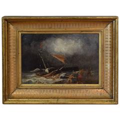 French Oil on Canvas, Pulling a Doomed Ship to Safety, 19th Century