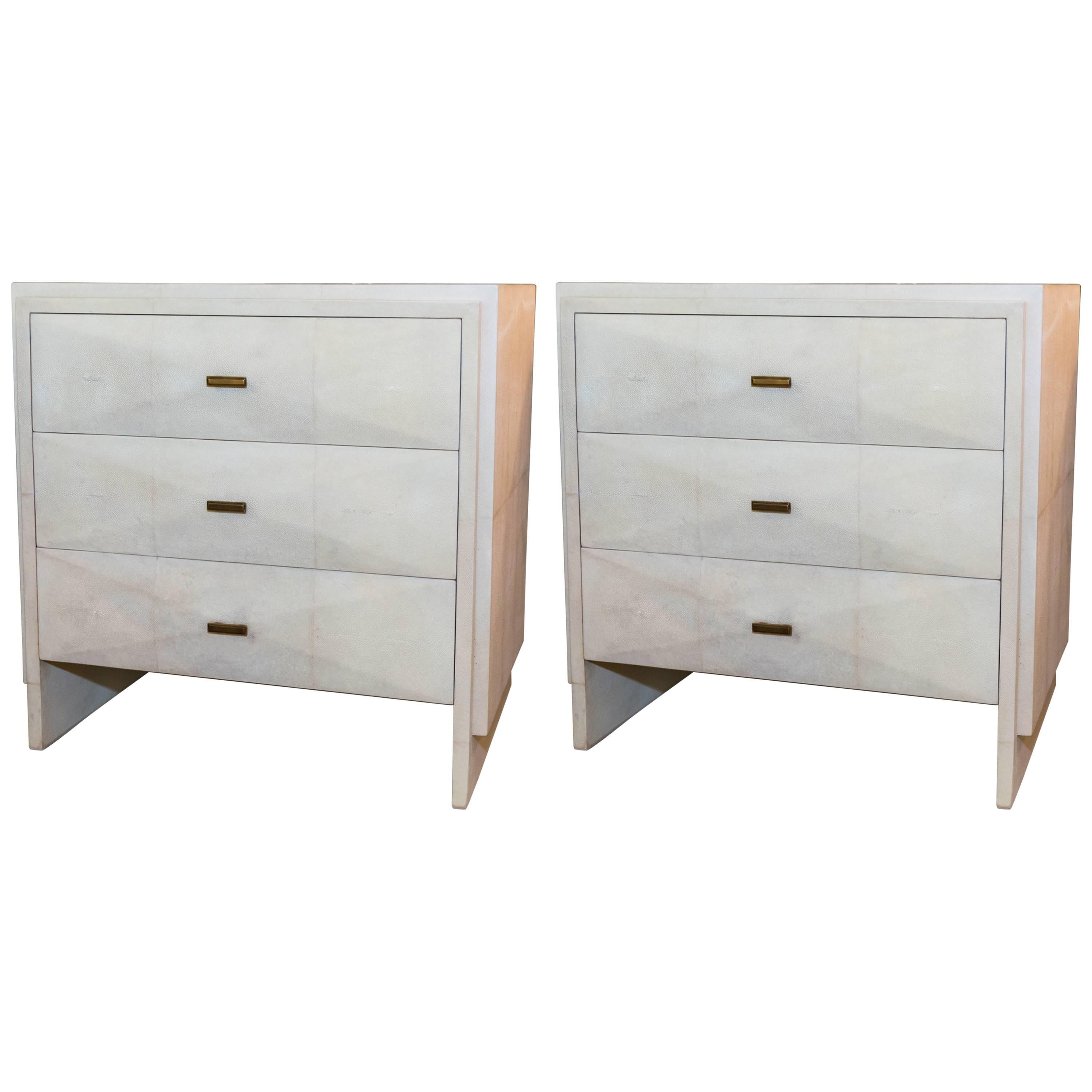 Pair of White Shagreen Three-Drawer Nightstands