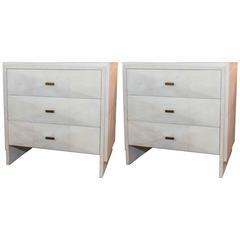 Pair of White Shagreen Three-Drawer Nightstands