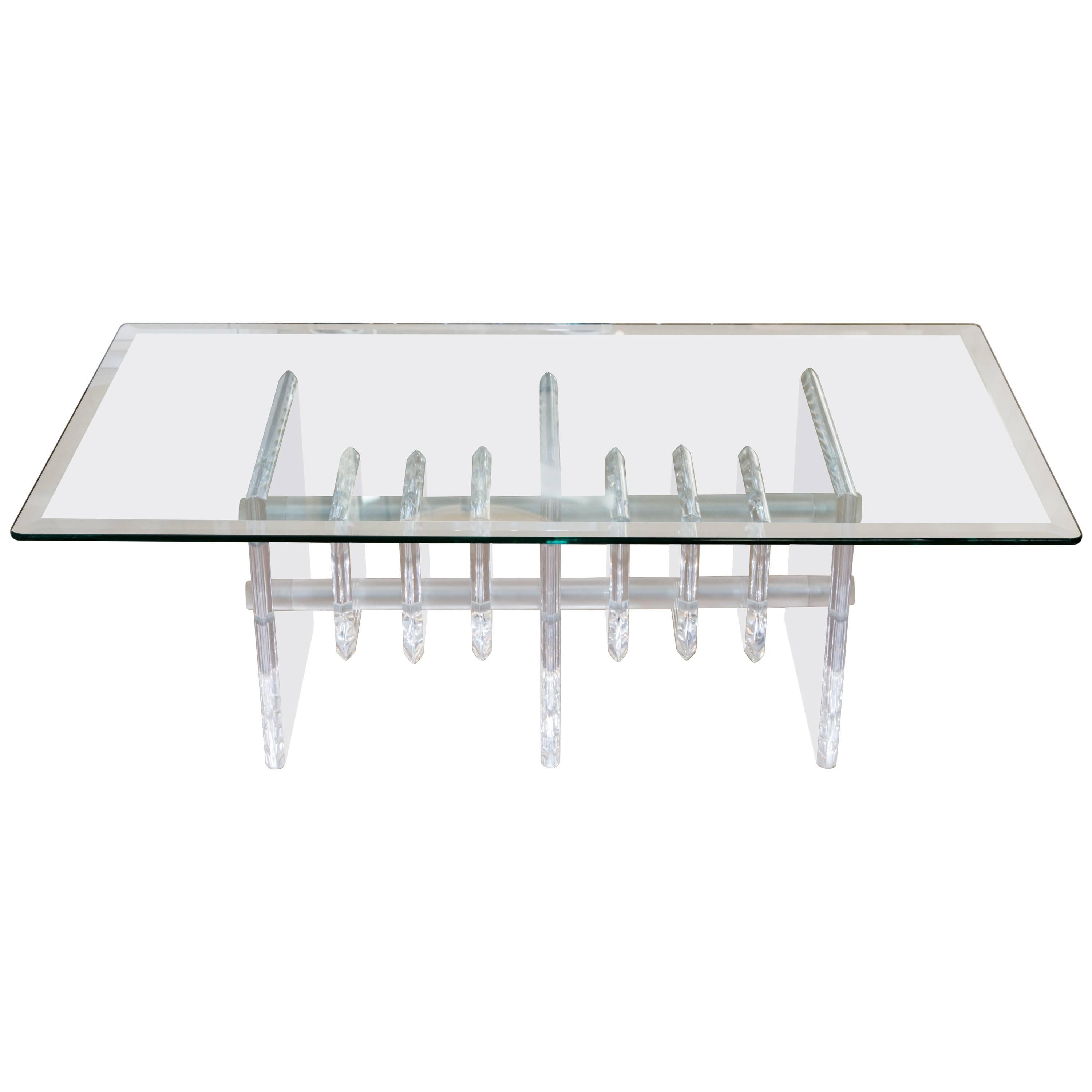 Mid-Century Glass Top Cocktail Table with Attractive Lucite Base For Sale