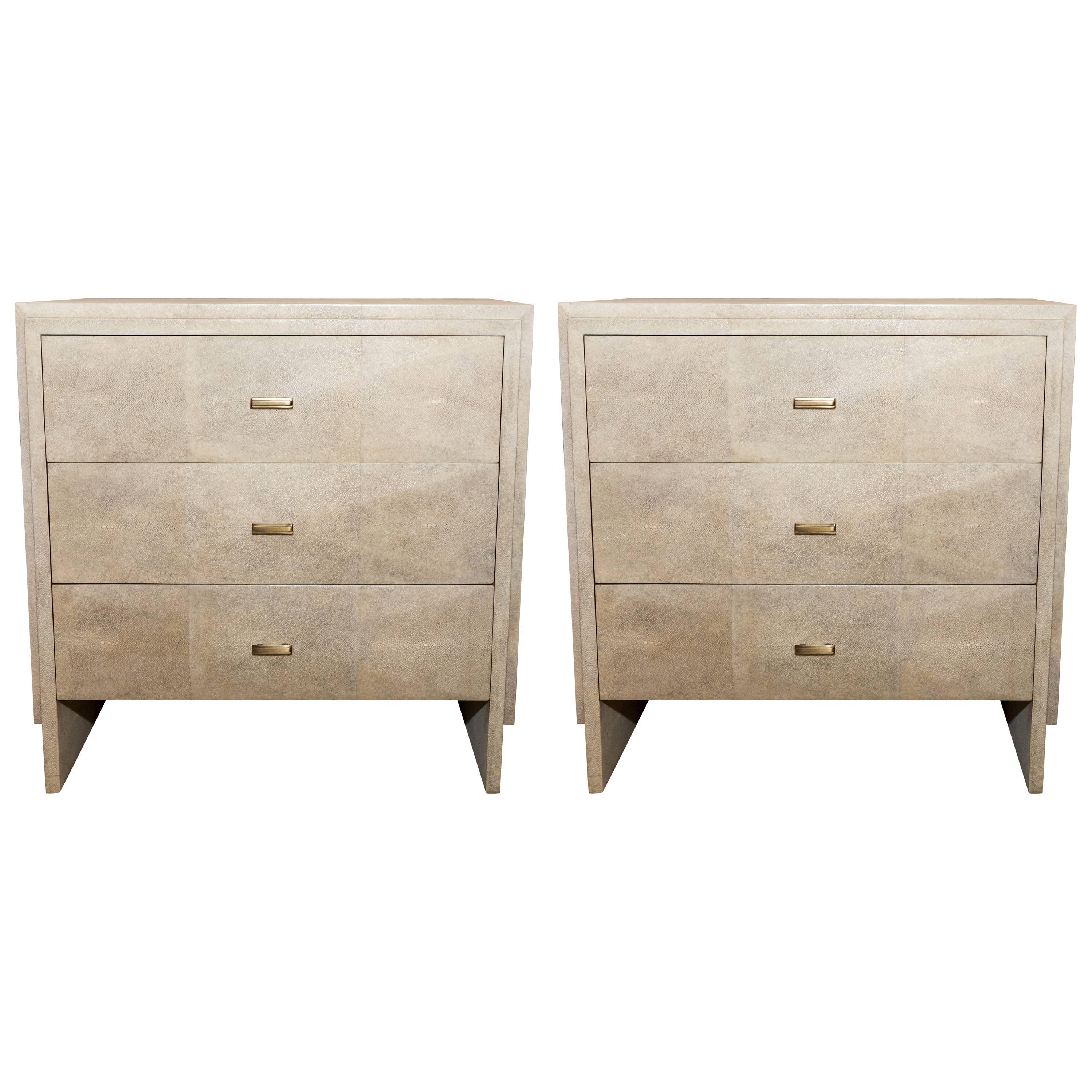Pair of Natural Shagreen Three-Drawer Nightstands with Bronze Drawer Pulls For Sale