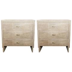 Pair of Natural Shagreen Three-Drawer Nightstands with Bronze Drawer Pulls
