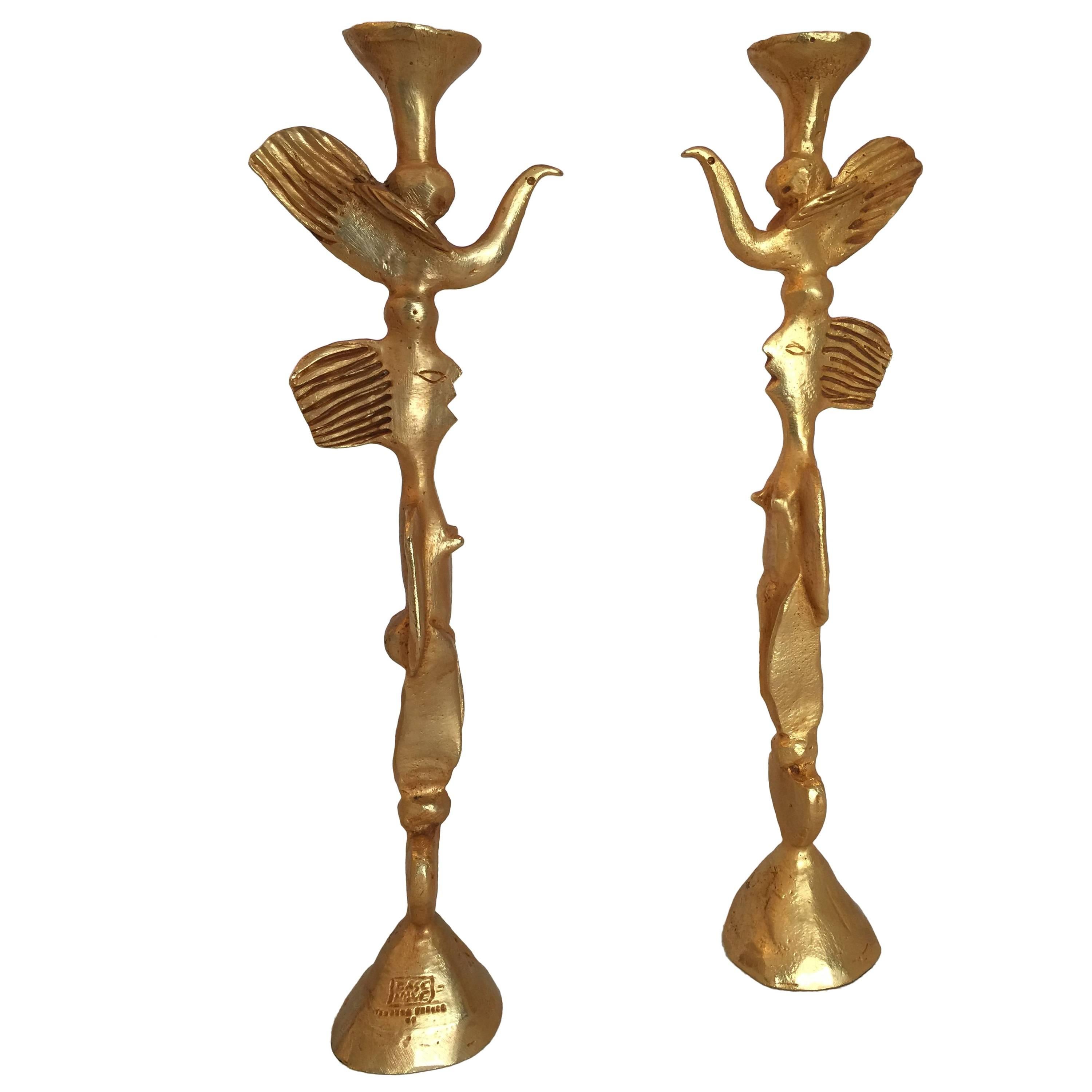 Pair of Gilt Bronze Candleholders by Pierre Casenove for Fondica