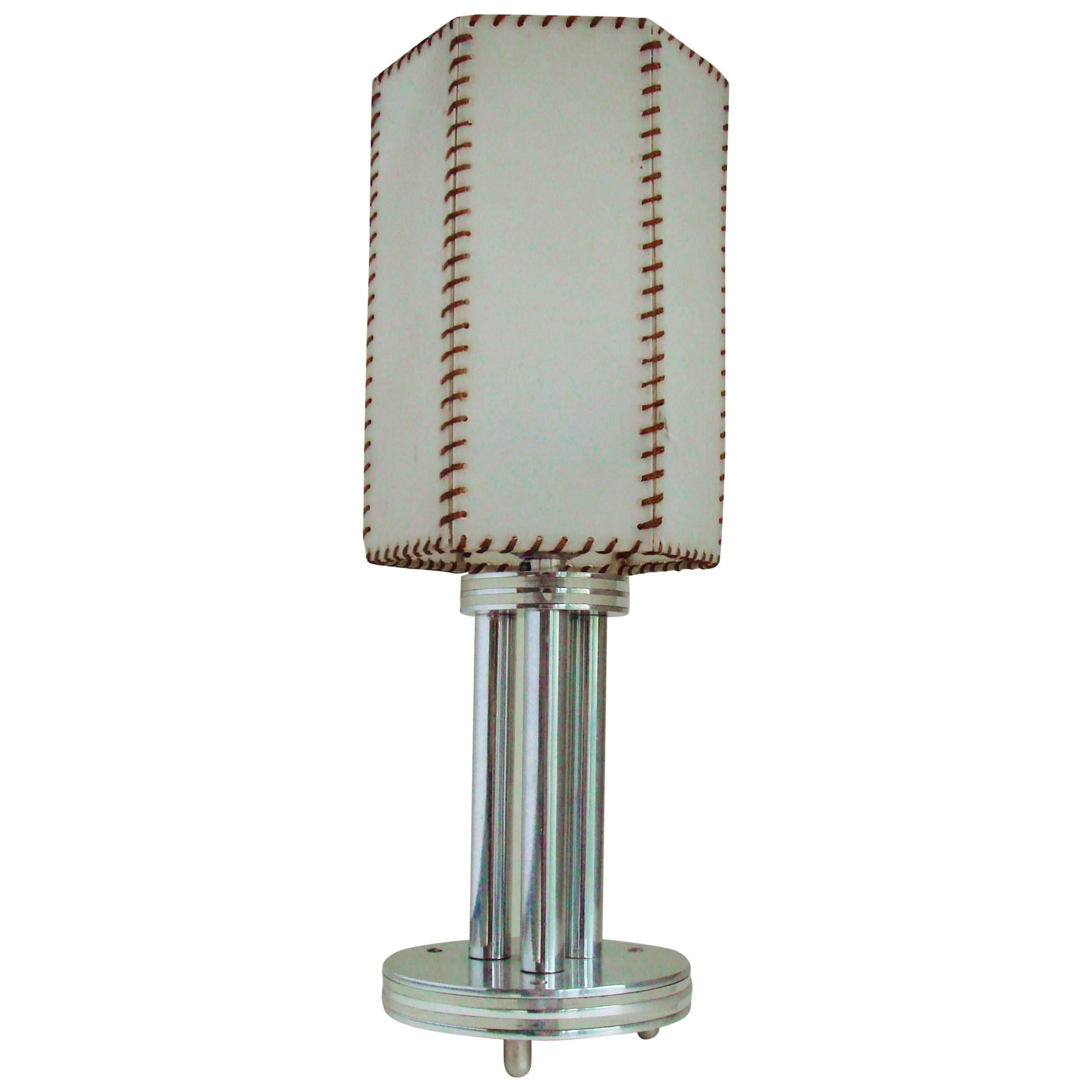 American Art Deco Polished Aluminum and Clear Lucite Lamp with Hexagonal Shade For Sale