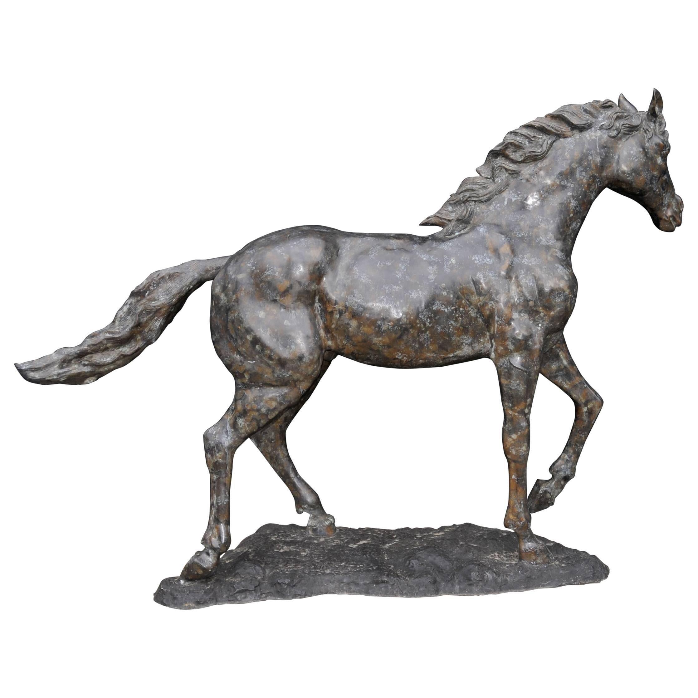Large French Bronze Horse Pony Statue Casting Verdis Gris Colt For Sale