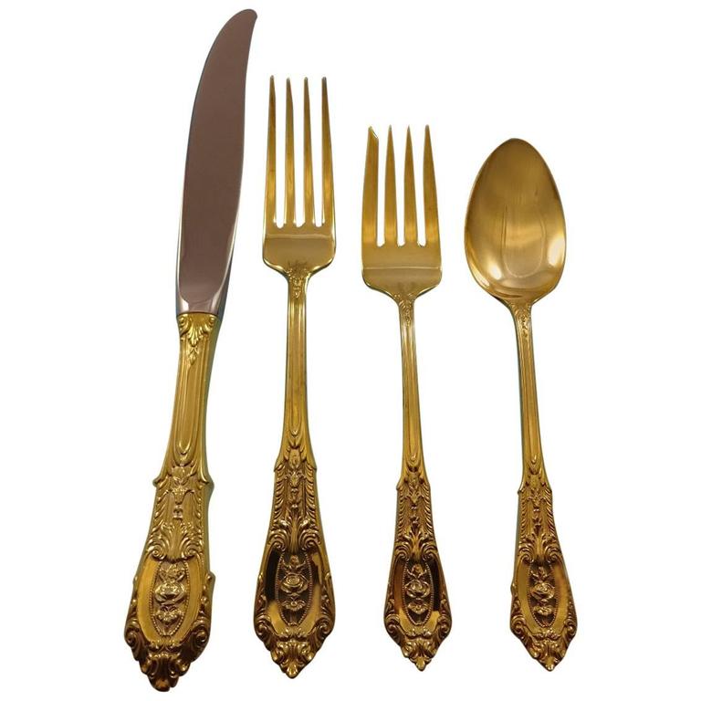 Rose Point Gold By Wallace Sterling Silver Flatware Service 12 Set Rose Point Gold By Wallace Sterling Silver Flatware Service 12 Set Vermeil For