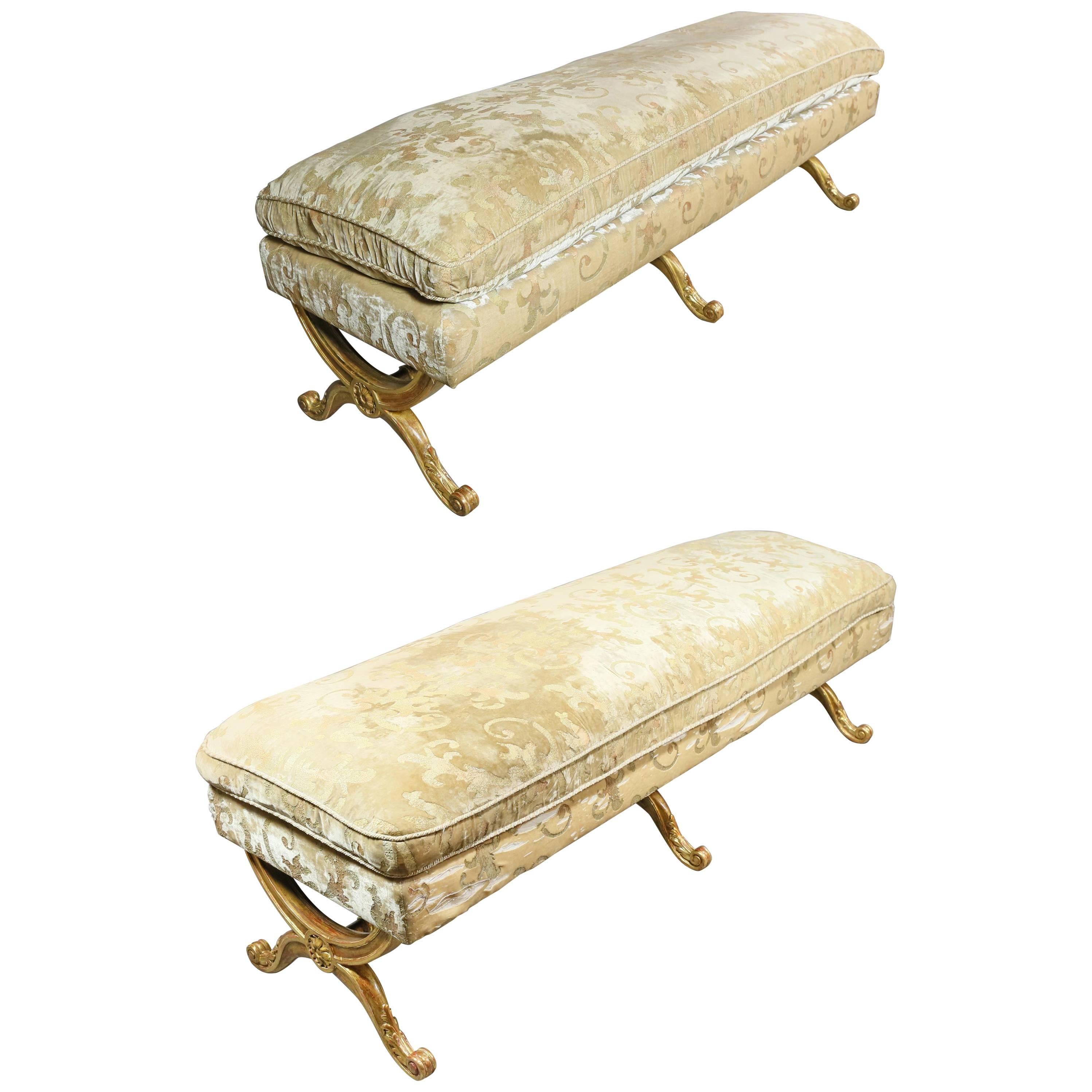 Pair of Louis XVI Style Giltwood Benches with Mirella Spinella Upholstery