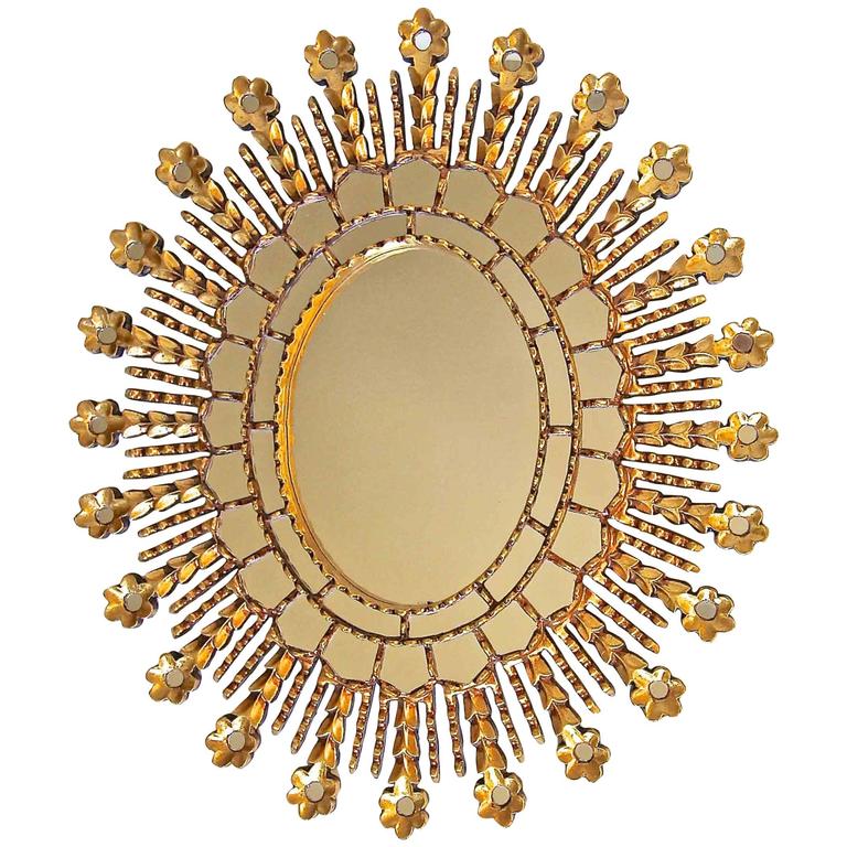 Sunburst Giltwood Oval Spanish Colonial Wall Mirror For Sale at 1stdibs
