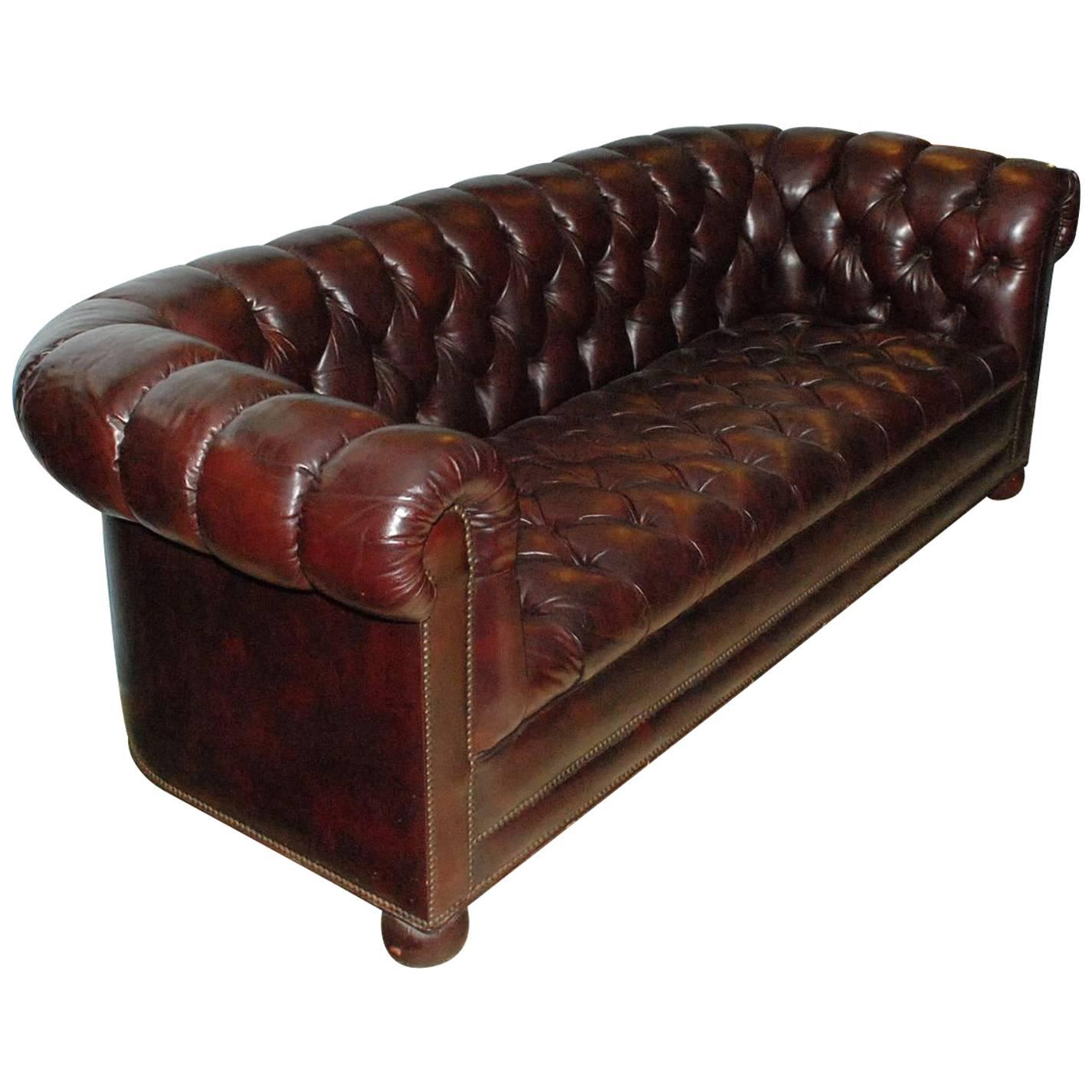 1960s Burgundy Leather Chesterfield Sofa