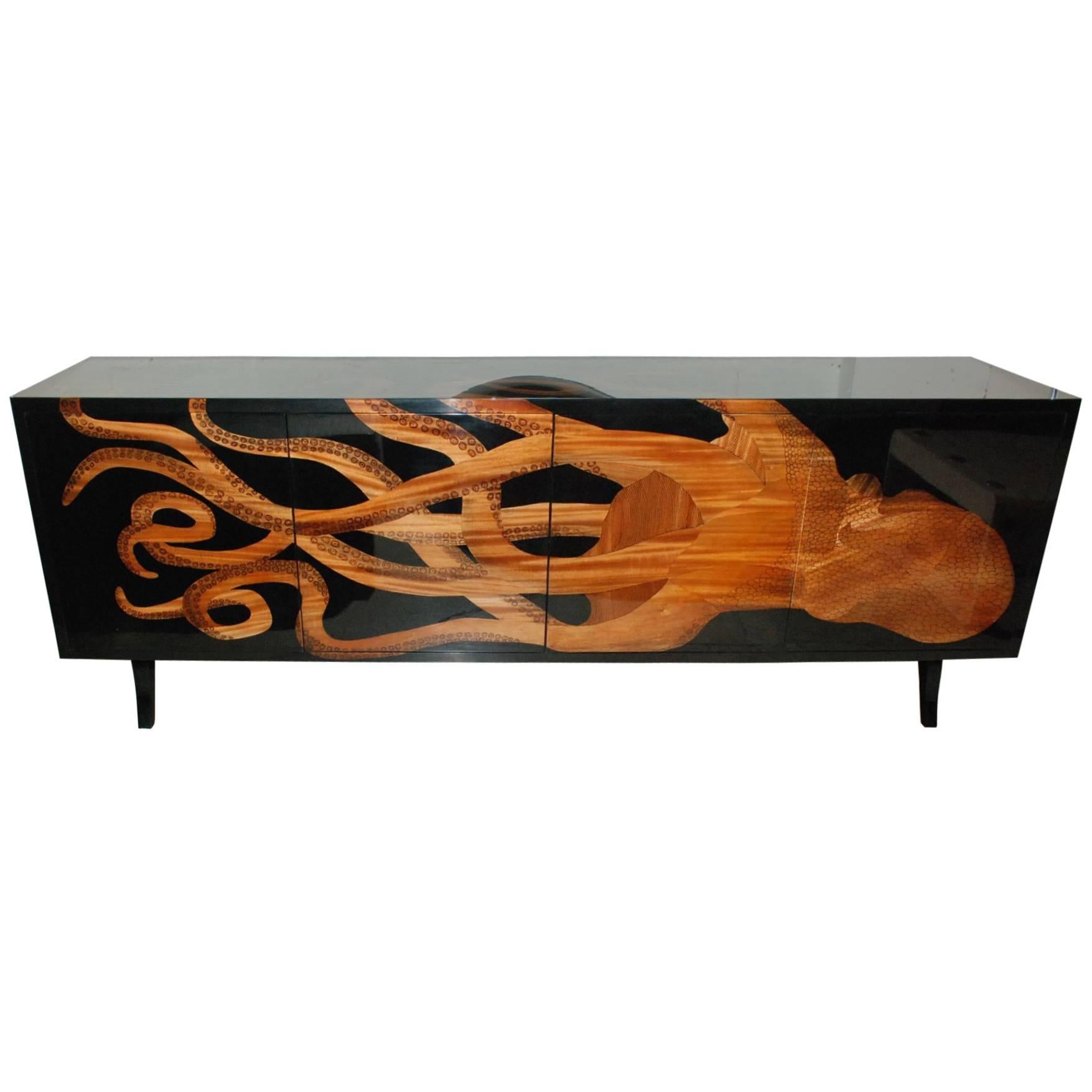 Lacquered and Wood Inlay Octopus Design Credenza