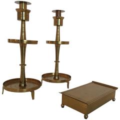 Tommi Parzinger Etched Brass Candlesticks and Box