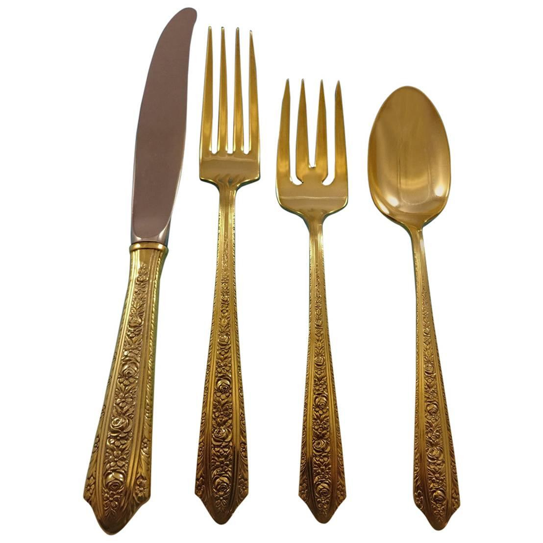 Normandie Gold by Wallace Sterling Silver Flatware Service 8 Set Vermeil 32 Pcs  For Sale