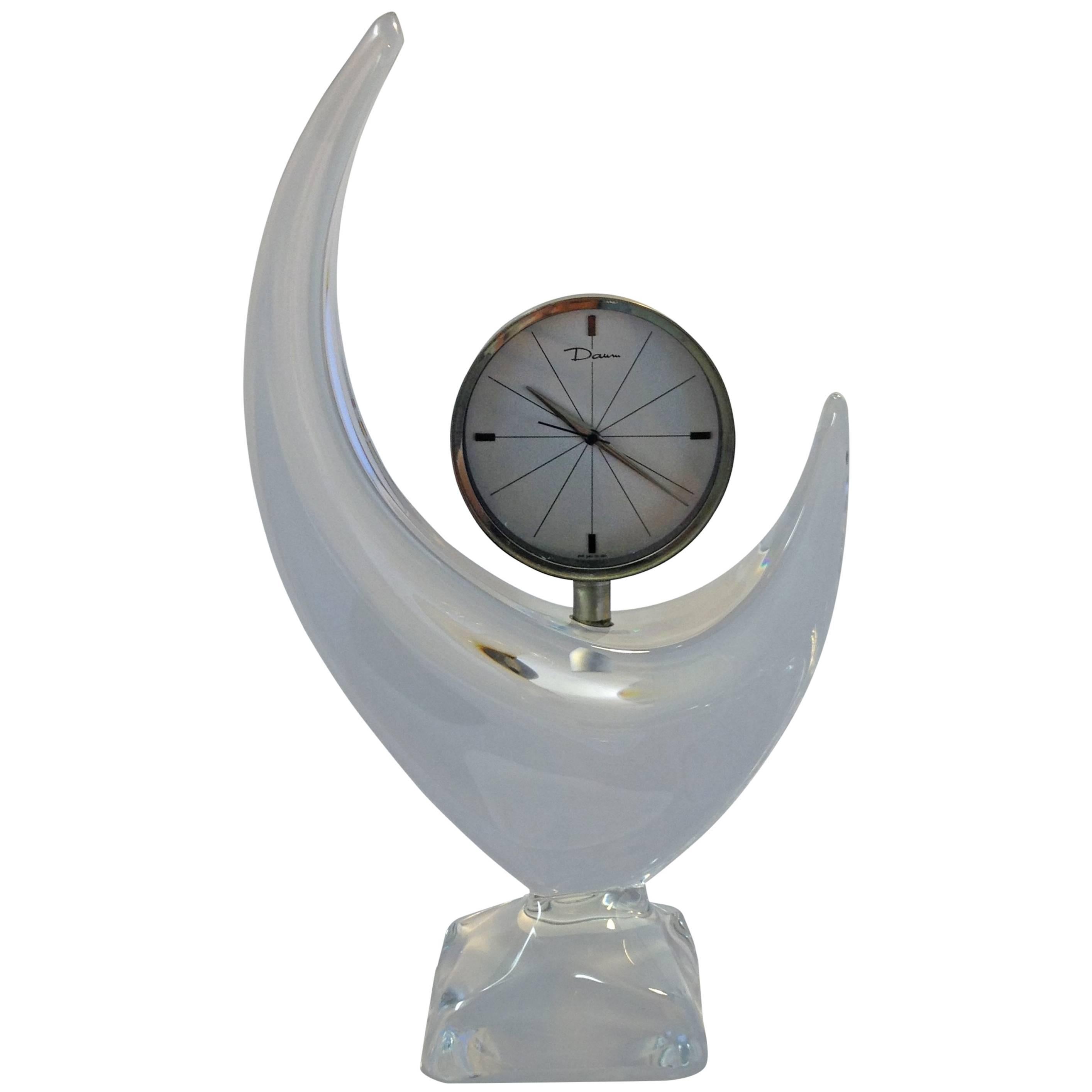 Mid-Century Crescent Moon Shaped Crystal Clock by Daum