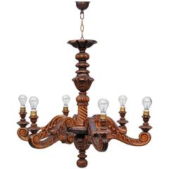 Vintage French Hand-Carved Wooden Chandelier, Mid-20th Century