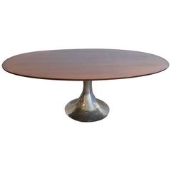 Walnut Oval Dining Table with Hand-Hammered Nickel Base