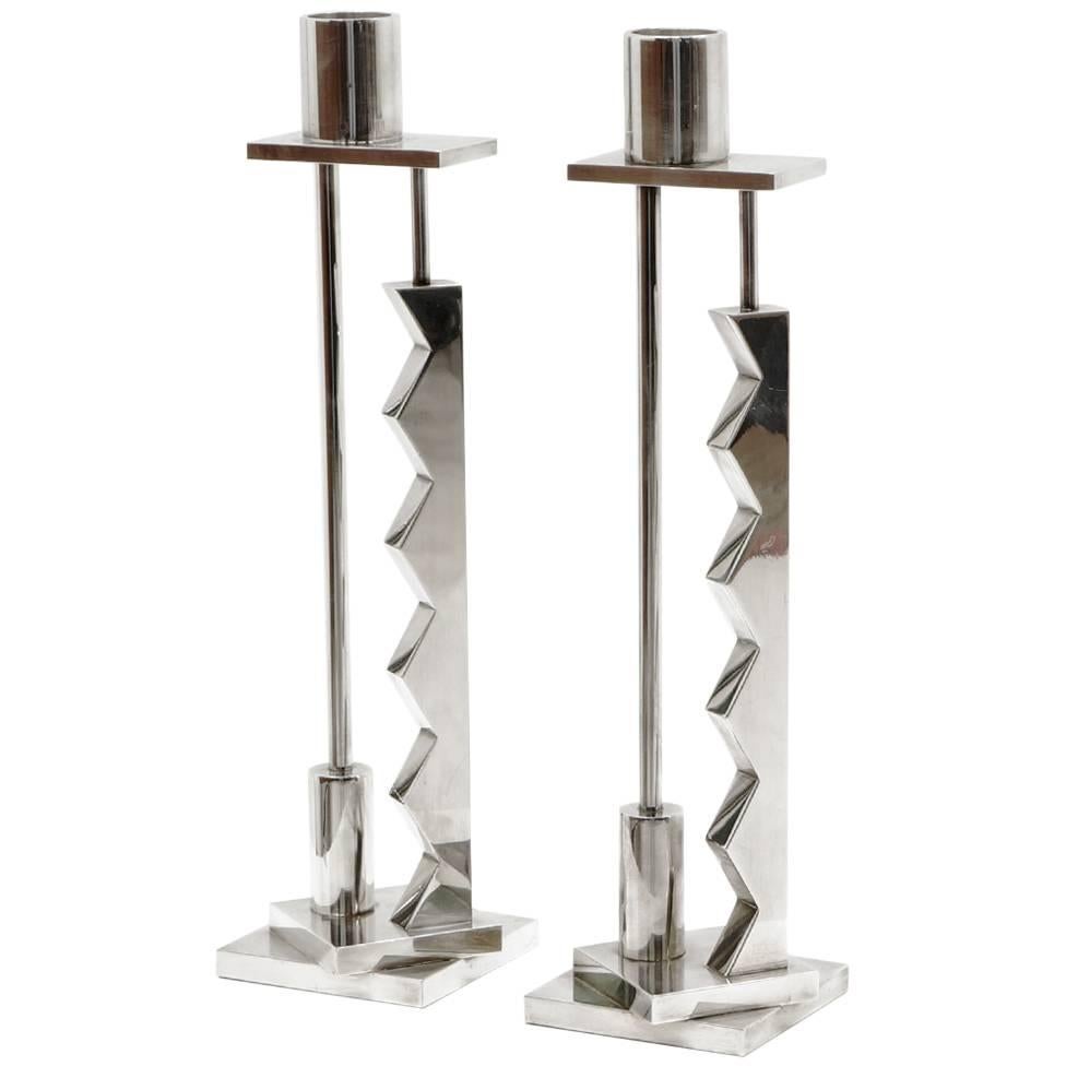 Pair of Ettore Sottsass Silver Candlesticks for Swid Powell and Reed and Barton For Sale