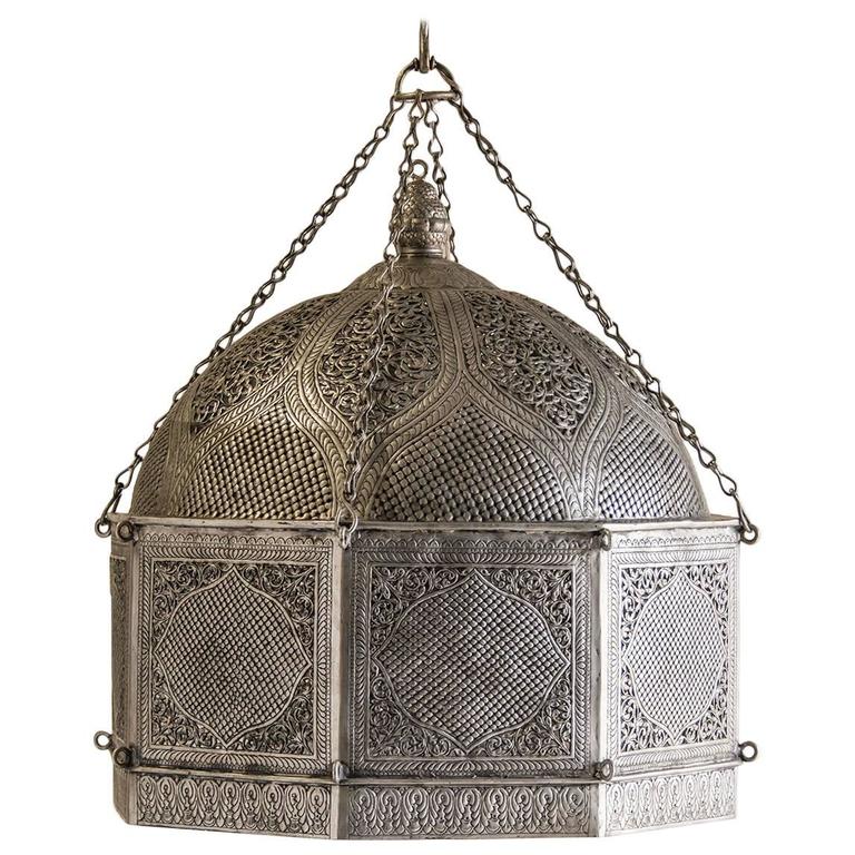 Filigree Pattern Solid Metal Indian Lantern Chandelier, circa 2000 at