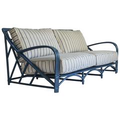 Blue Rattan Sofa with Performance Fabric Upholstery