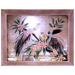 Vintage Mid-Century Hand-Painted Picture on Mirror with Pink Detailed Frame