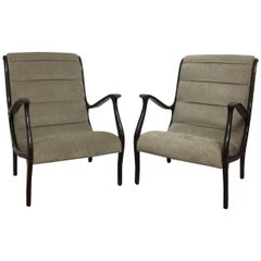 Ezio Longhi Pair of Espresso Stained Wood Frame Armchairs