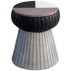 Wood Marquetry and Wicker Stool or Side Table 1