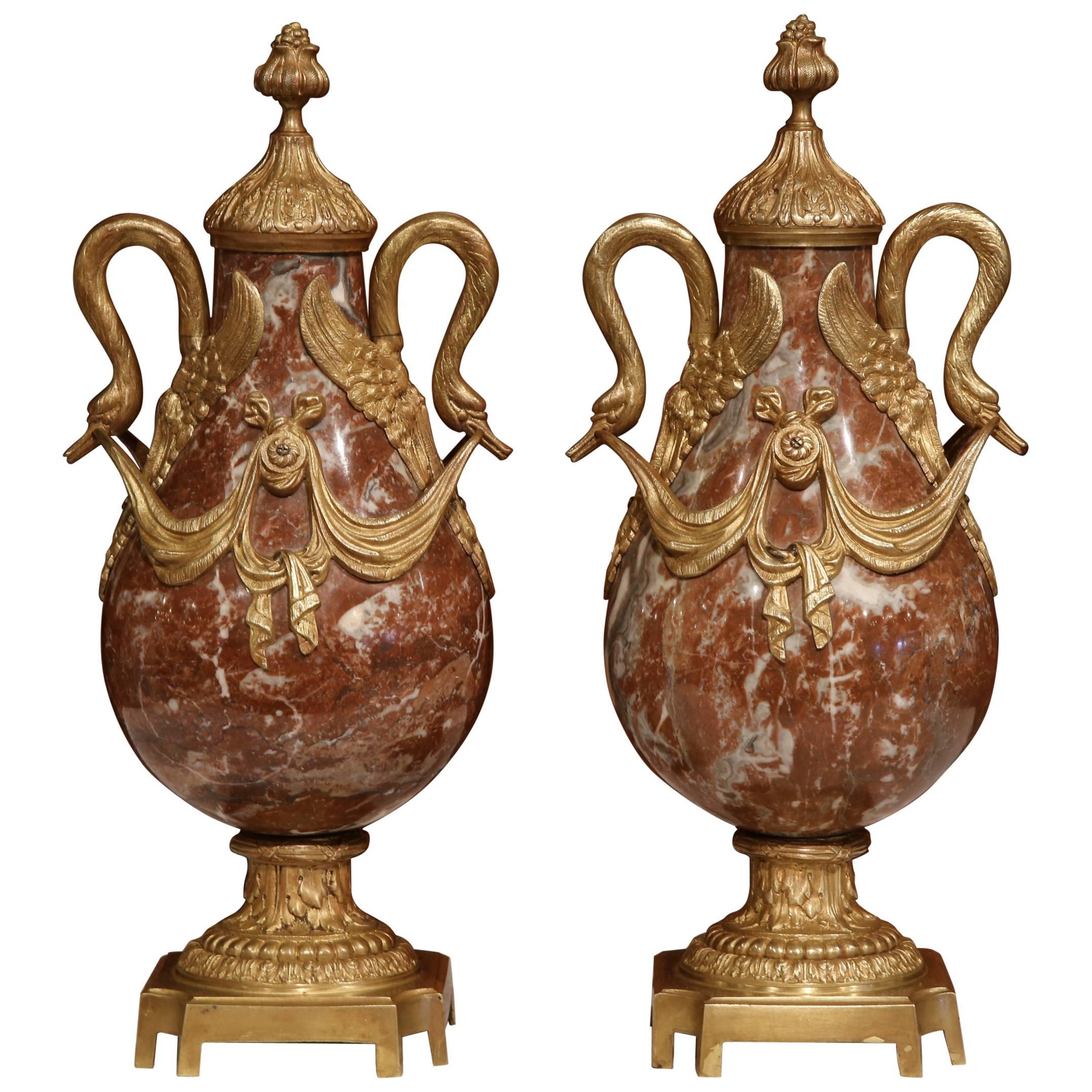 Pair of 19th Century French Red Marble and Bronze Cassolettes with Swan Handles