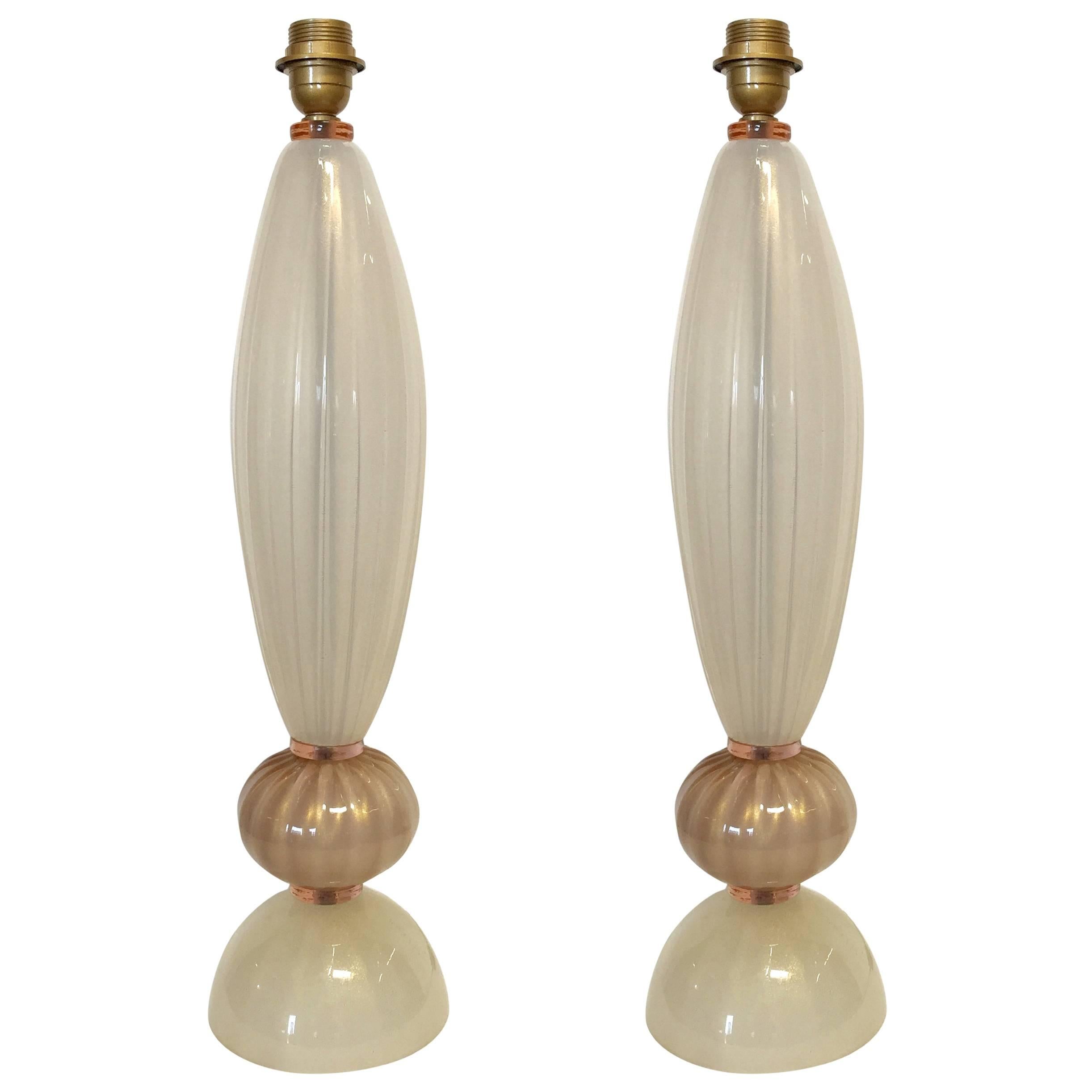 Pair of Murano Pink and Cream Stem Table Lamps
