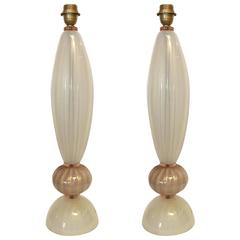 Pair of Murano Pink and Cream Stem Table Lamps