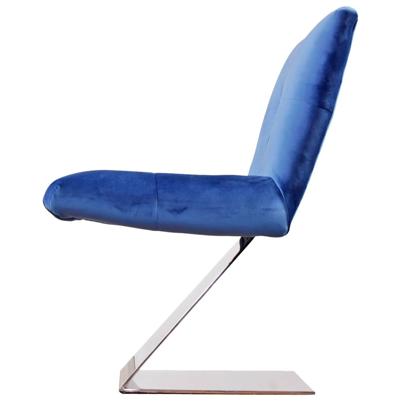 Mid Century Modern Vladimir Kagan Style Chrome Z Chair in Blue Velvet