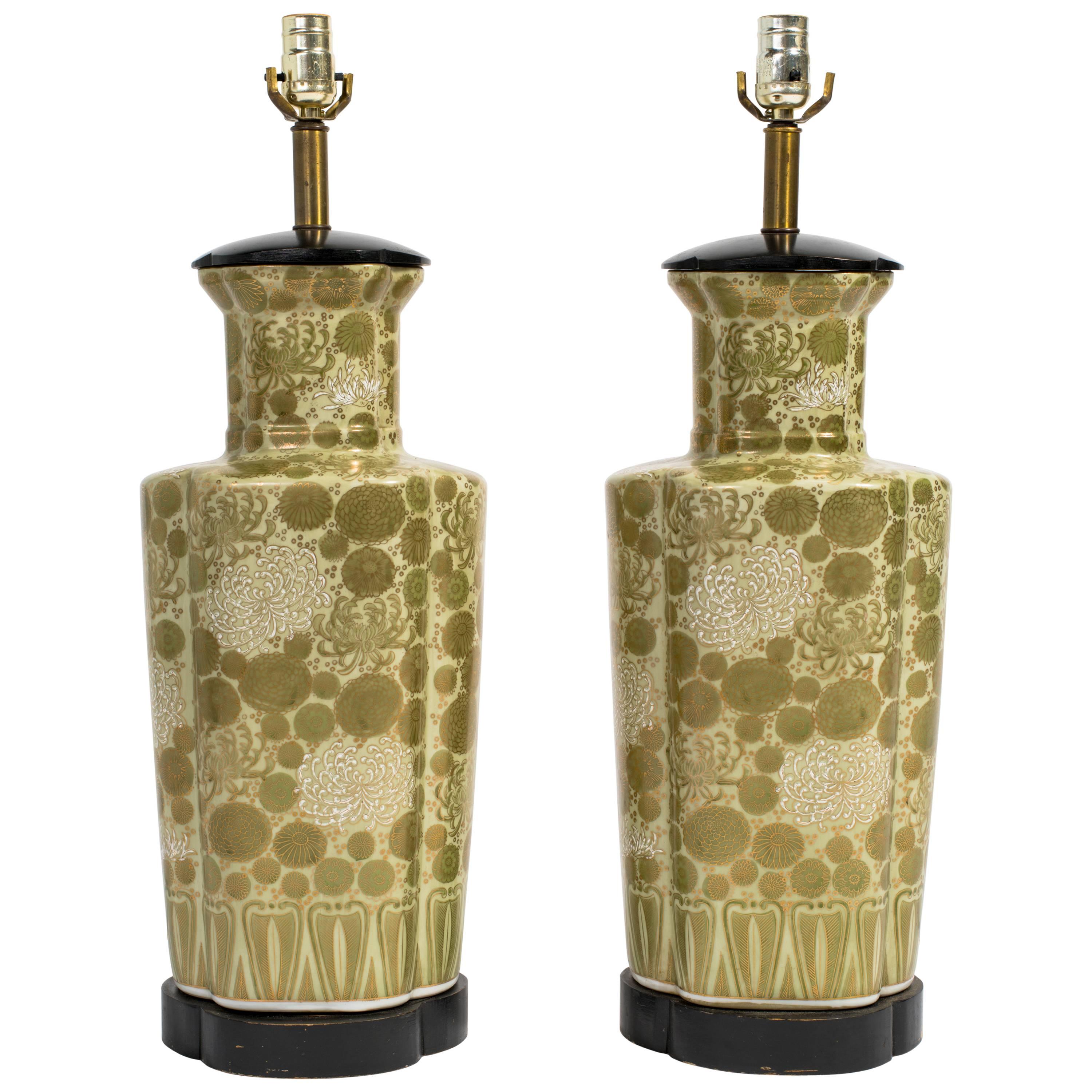 Pair of Asian Style Hand-Painted Ceramic Lamps