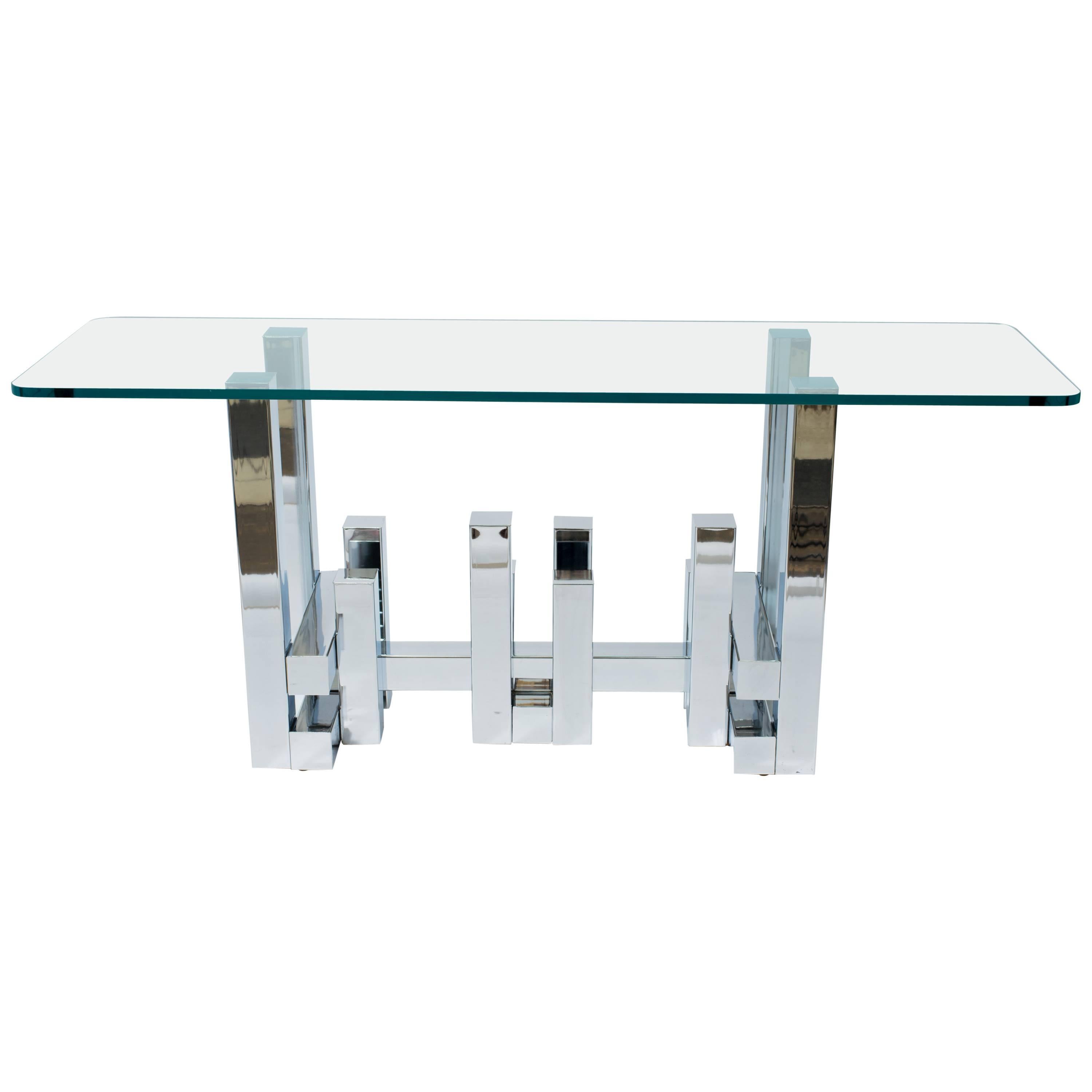 1970s Chrome and Glass Cityscape Console Table
