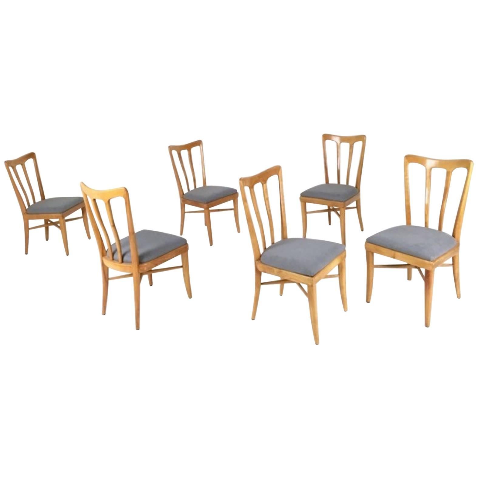 Set of Six Cherry and Gray Fabric Dining Chairs Attributed to Ulrich, Italy