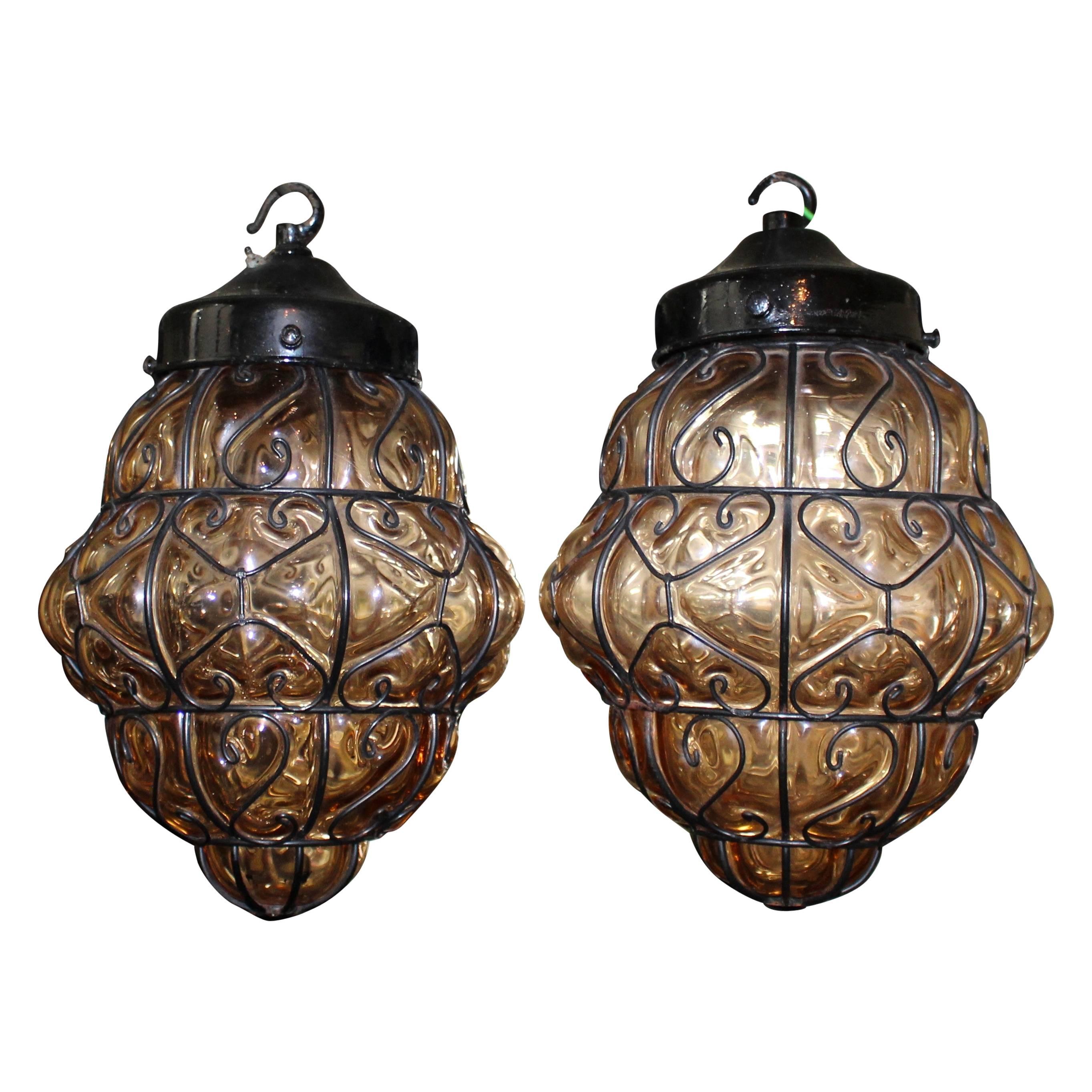 Pair of Vintage Amber Glass Metal Lattice Lanterns