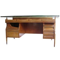 Wonderful Italian Desk with it
s Thick Original Glass Top, Milano, 1950