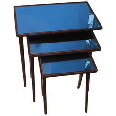 Italian Side Tables, with Blue Mirrored Glass Top, Milano 1950s