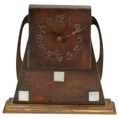 Glasgow School Patinated Brass Clock with Mother-Of-Pearl Inlaid Square Details