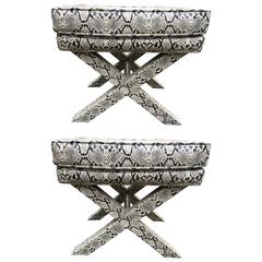 Chic Pair of Hollywood Regency Snakeskin X-Benches